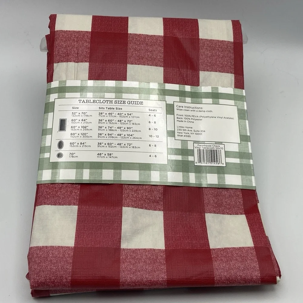 Lintex Home Farmhouse Check‎ Vinyl Tablecloth 52 x 70 Rectangle Flannel Back BBQ